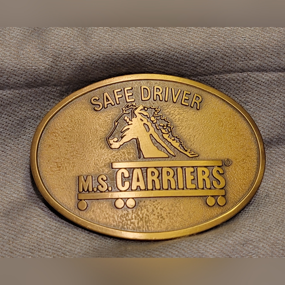 Vintage Goldtone M.S. Carriers Safe Driver Trucker Belt Buckle